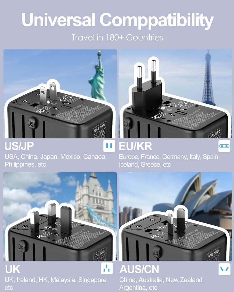 URJD Universal Travel Adapter GaN 65W Fast Charger, 3 USB C(Each/GaN 65W) & 1 USB A(PD 45W) Ports & 2500W AC Outlet, International Power Adapter High Power Travel Plug Adapter for Europe UK US AUS - Image 3